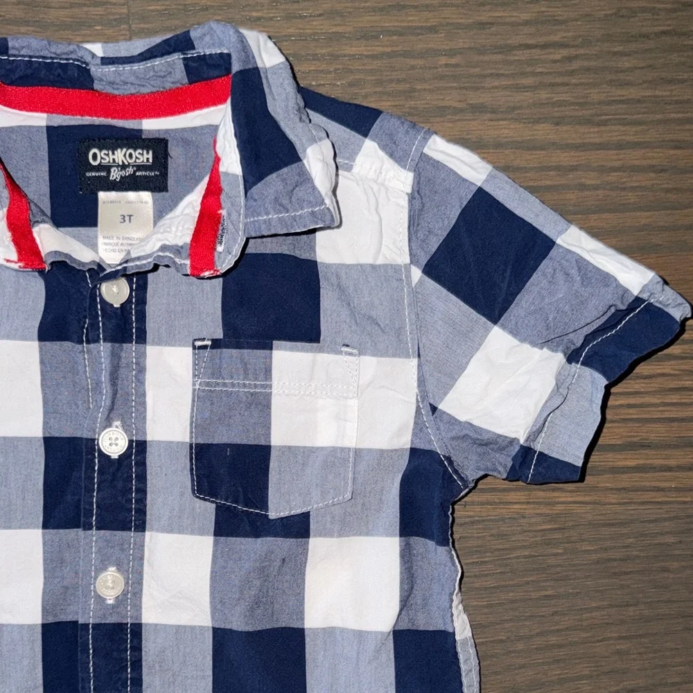 OshKosh B'gosh Navy & White Short Sleeve Checkered Button-Down Shirt | 3T